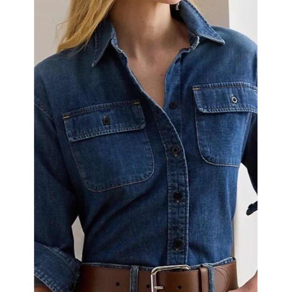 Lauren Ralph Lauren Women's 100% Cotton Denim Shirt Blue Atecco Wash Size XL - Picture 2 of 13